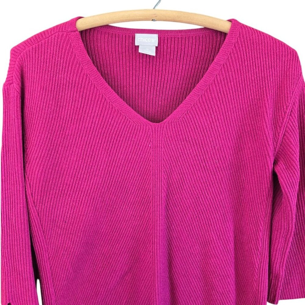 Chicos Shaker Knit V-Neck Sweater XS Pink 3/4 Sleeve Cotton Blend - Picture 7 of 7